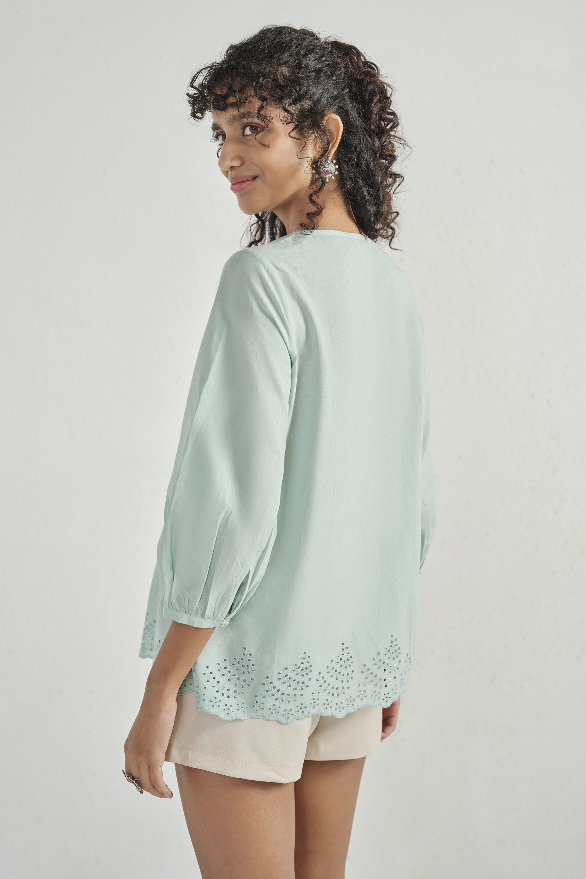 Teal Cotton Pleated Top, Teal, image 6